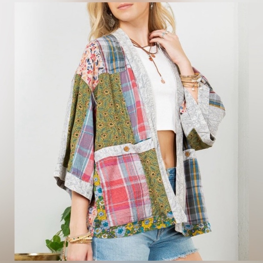 NWT Young Threads Patched Up Duster Top Cardigan Kimono with Pockets